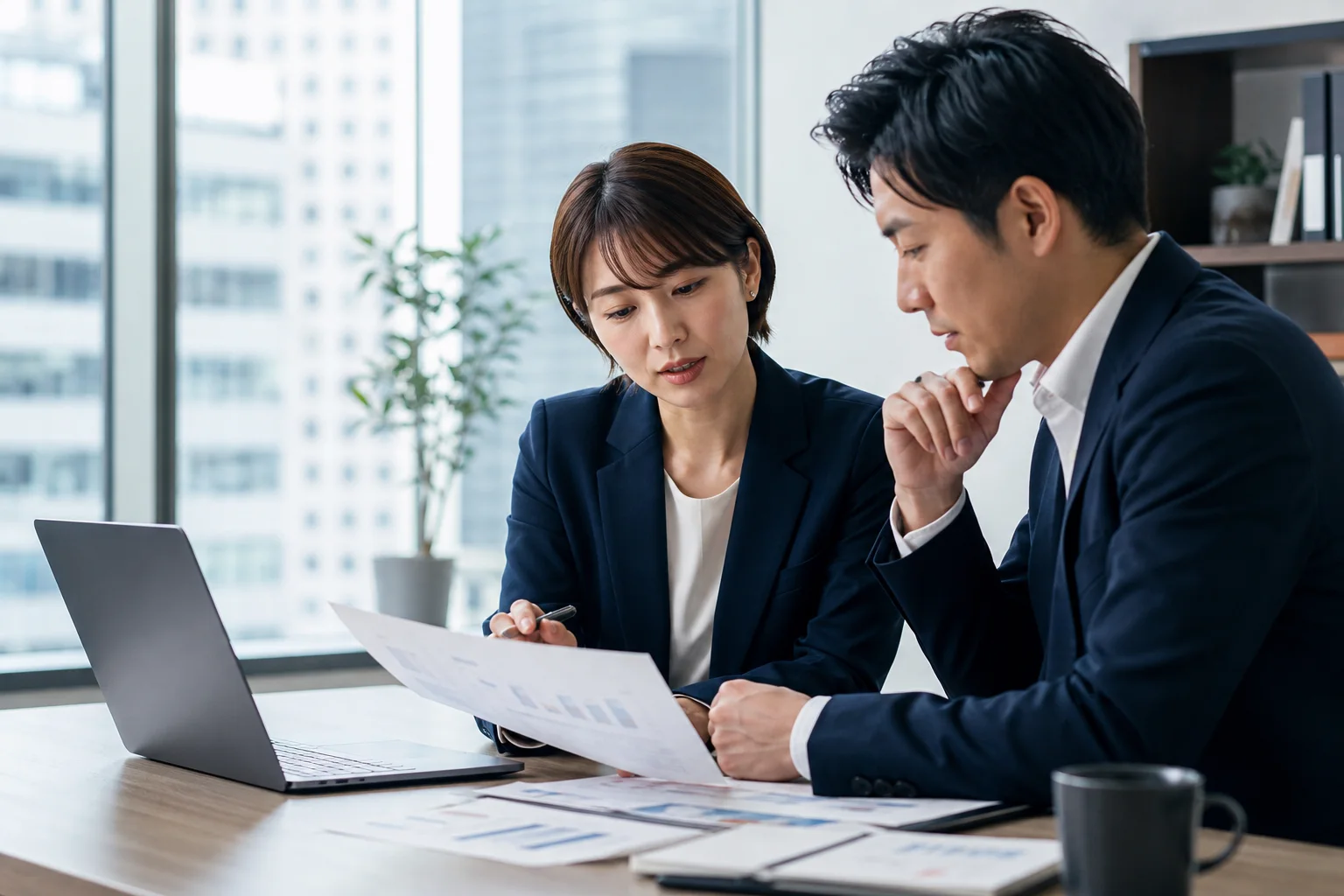見込み客の情報と営業資料を確認する担当者