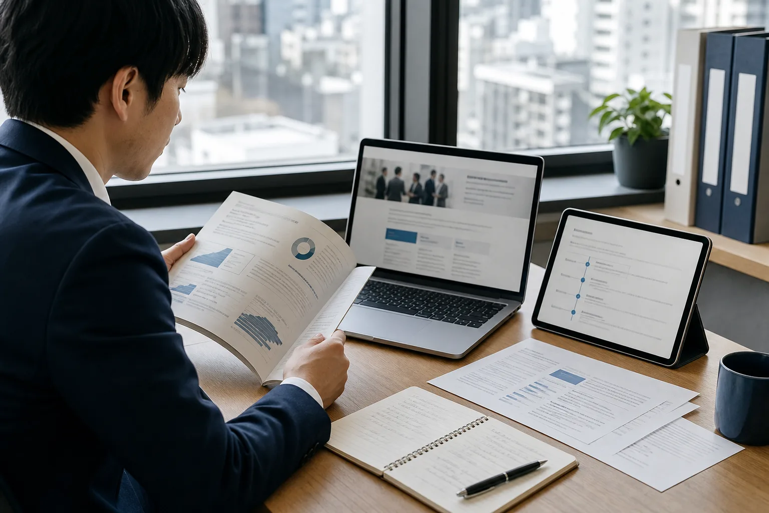 企業の公開資料、採用情報、発表履歴を確認する担当者