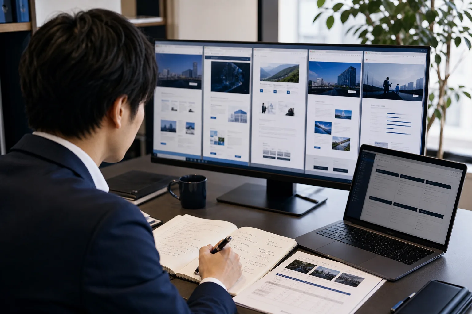 複数の企業サイトを比較しながら、提案先の調査を進める担当者