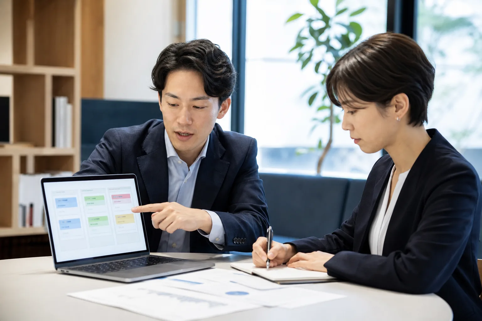 見込み客からの反応を整理し、次の商談に向けて検討する営業チーム