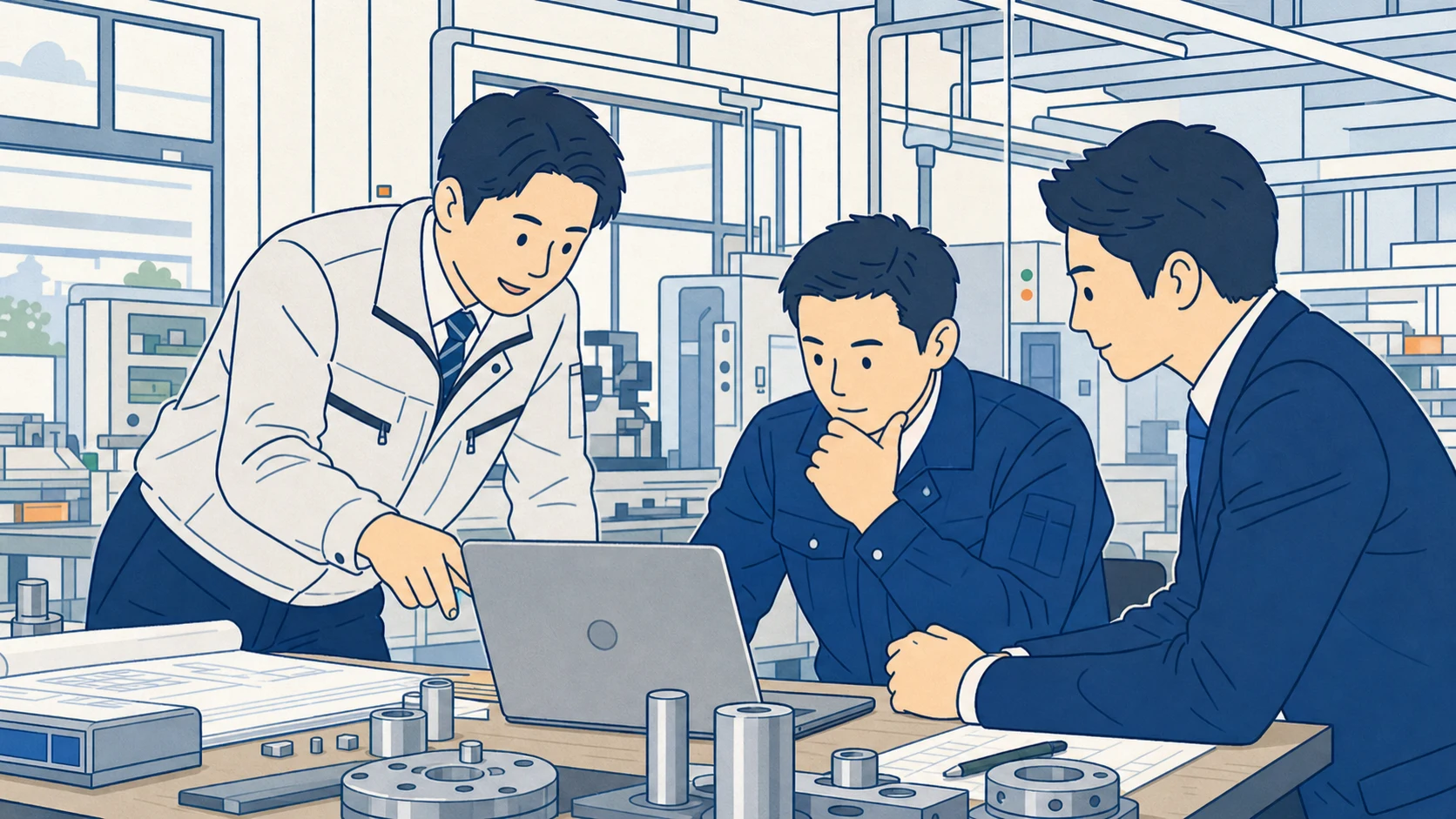 製造現場で新規営業の課題を話し合う担当者たち