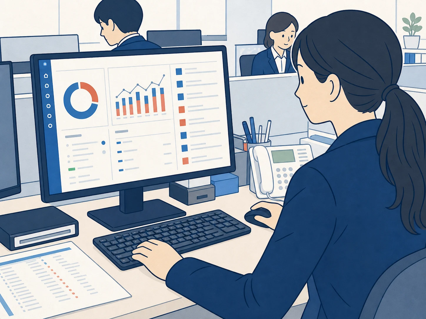 業務ダッシュボードを確認しながらAI支援の運用を進める担当者