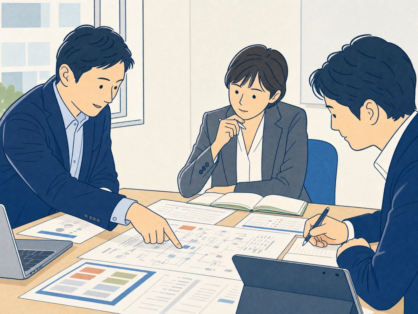 業務資料を囲み、現場の課題と目指す姿を丁寧に確認するチーム