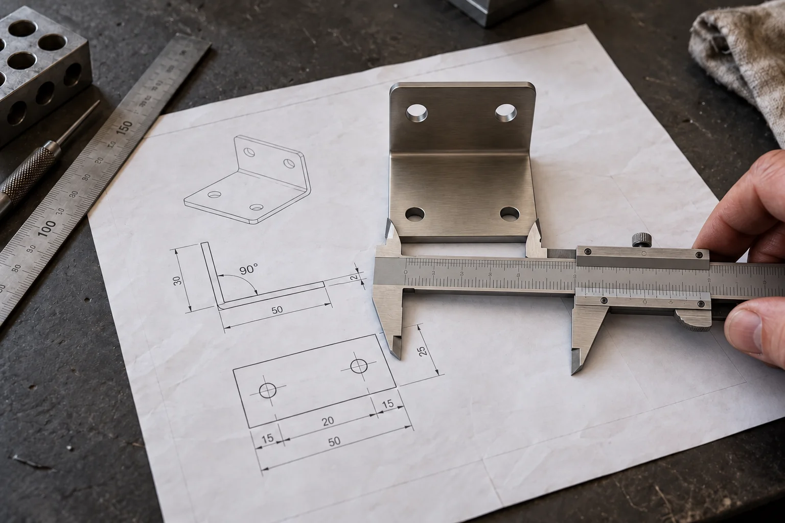 Illustrative engineering drawing and a metal part being measured