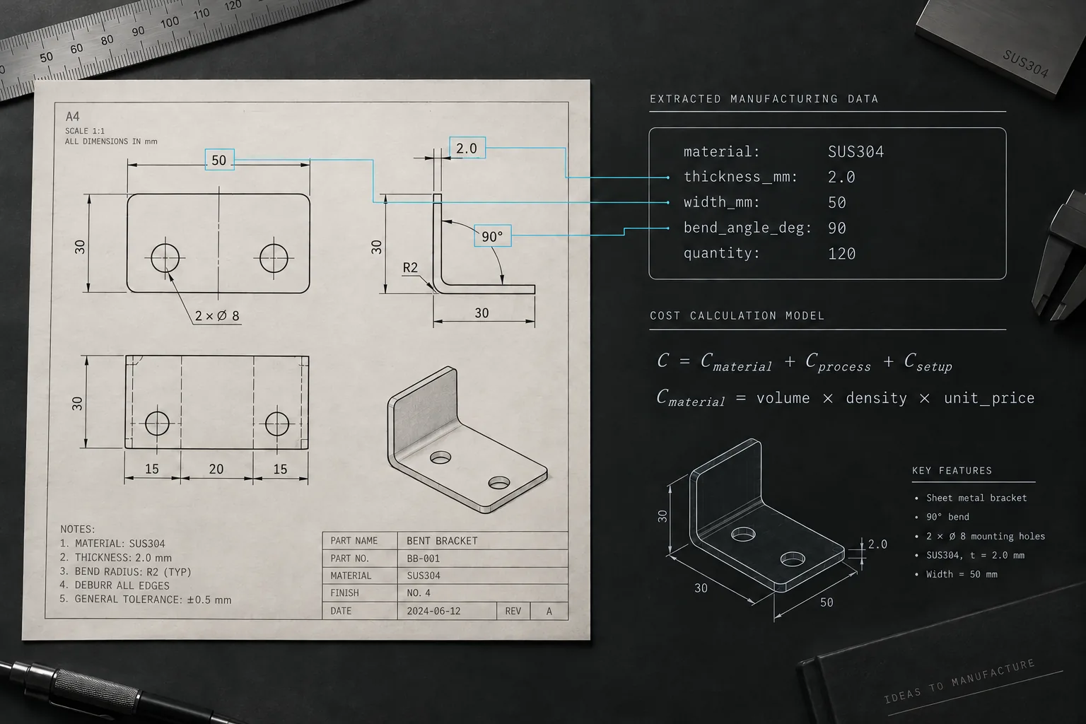 Illustrative manufacturing drawing mapped to structured dimensions, process data and cost equations