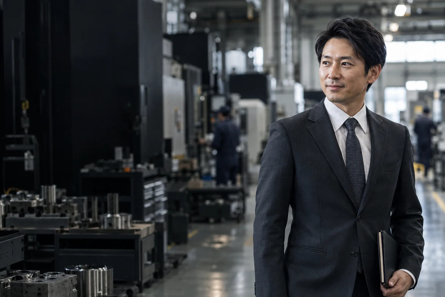 Illustrative sales professional with a factory in the background