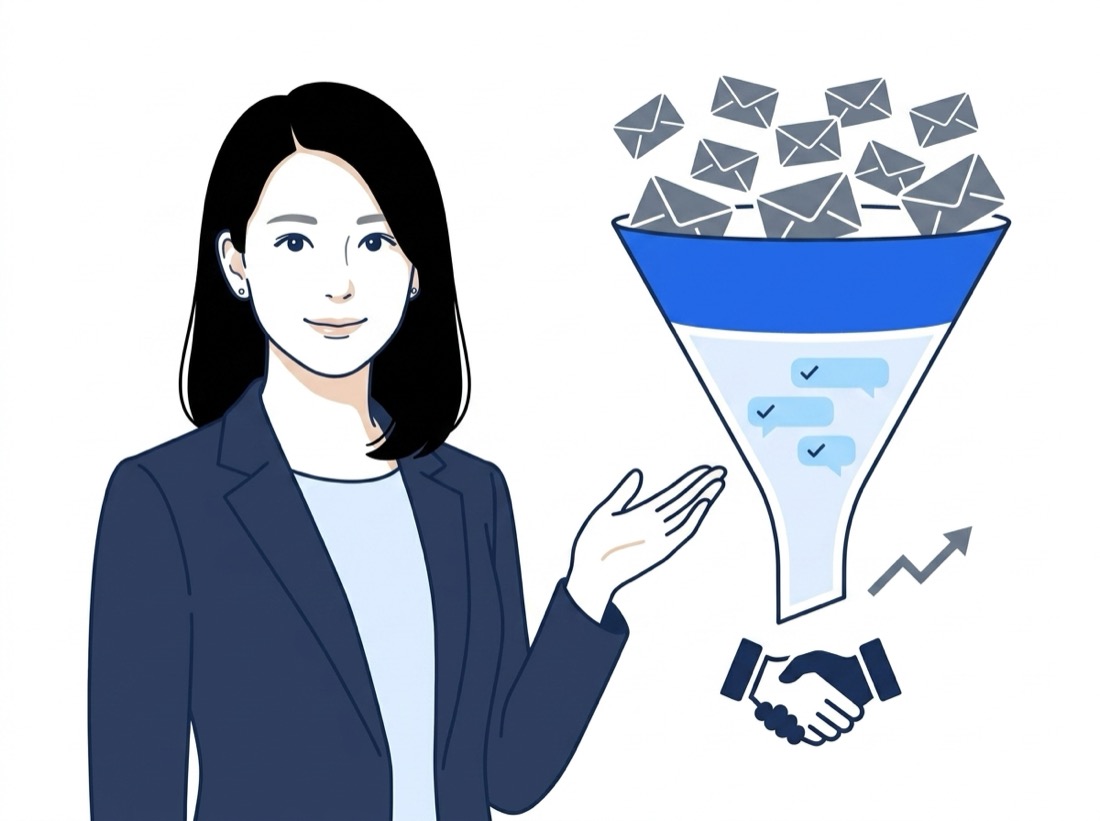 A sales funnel where many sent emails produce interested replies that convert into meetings