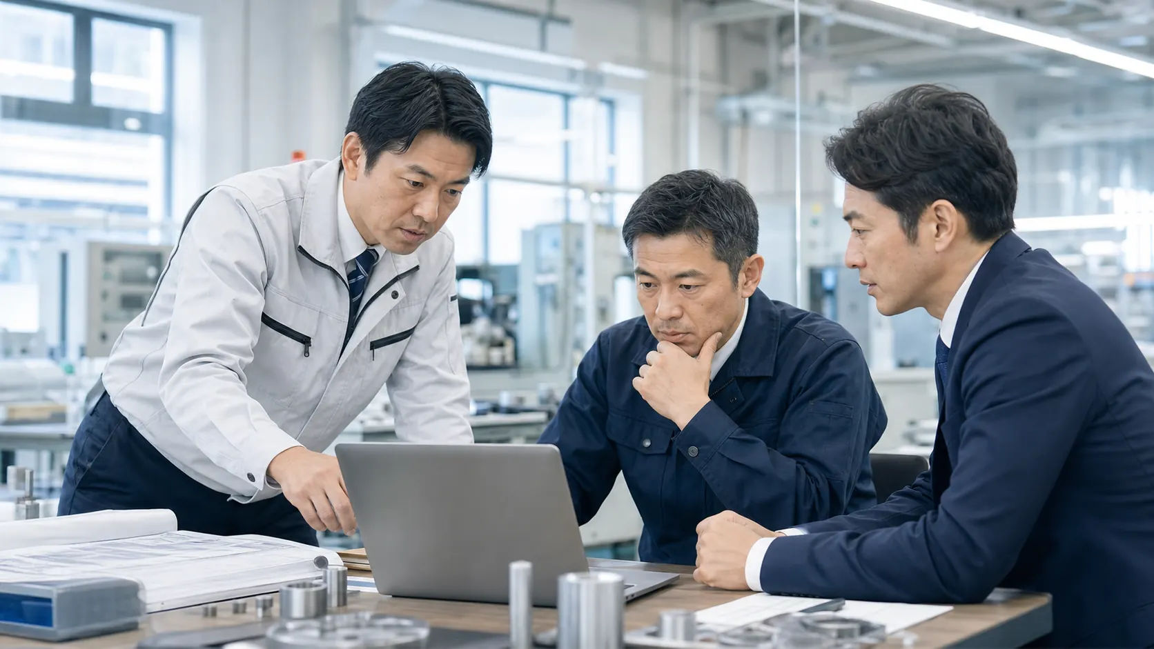 製造現場で新規営業の課題を話し合う担当者たち